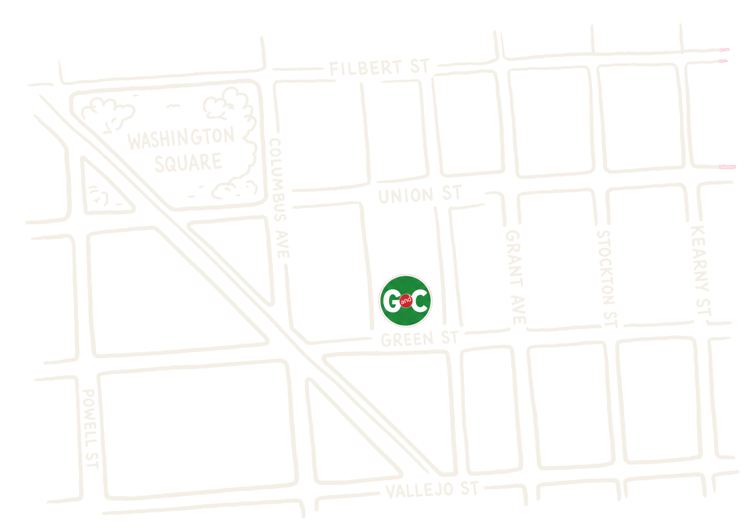 Sketched map of North Beach with street names and landmarks, showing Gino & Carlo in the center